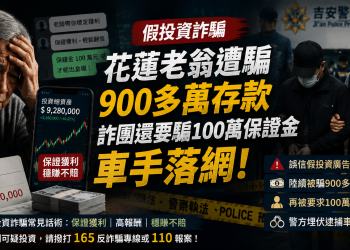 花蓮70歲老翁遭假投資詐騙900萬元！詐團再索100萬保證金，車手現場落網