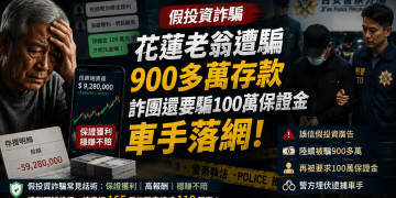 花蓮70歲老翁遭假投資詐騙900萬元！詐團再索100萬保證金，車手現場落網