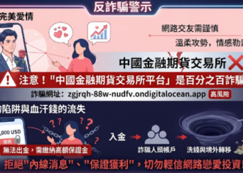 重要提醒： 根據 165 反詐騙專線 警告，中國金融期貨交易所平台已被通報為詐騙平台！投資者務必立即避開，否則可能血本無歸。